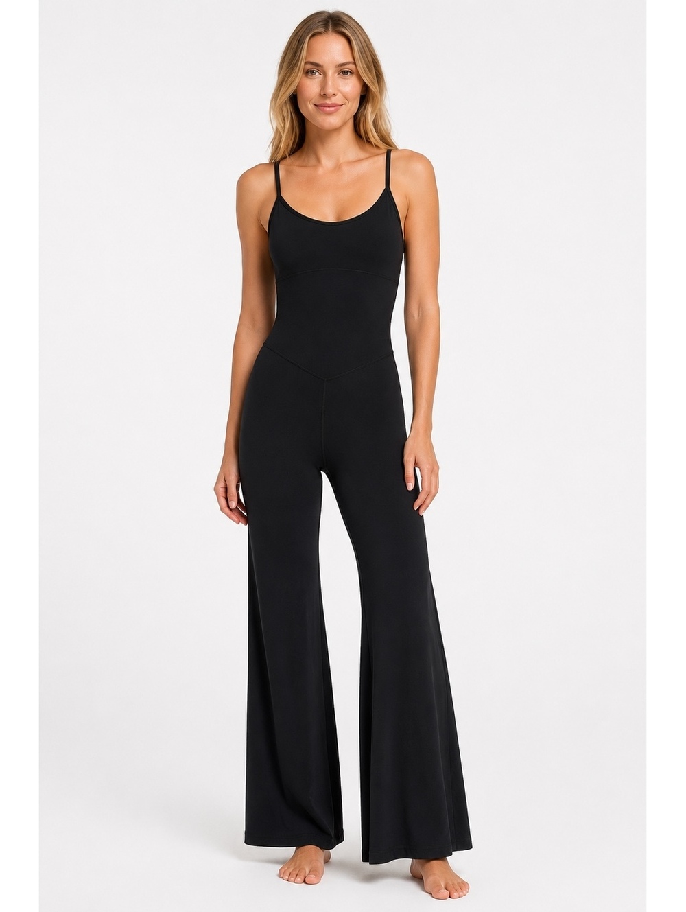 OFFLINE by Aerie Black Flare Jumpsuit Built-In Bra Yoga Romper Small